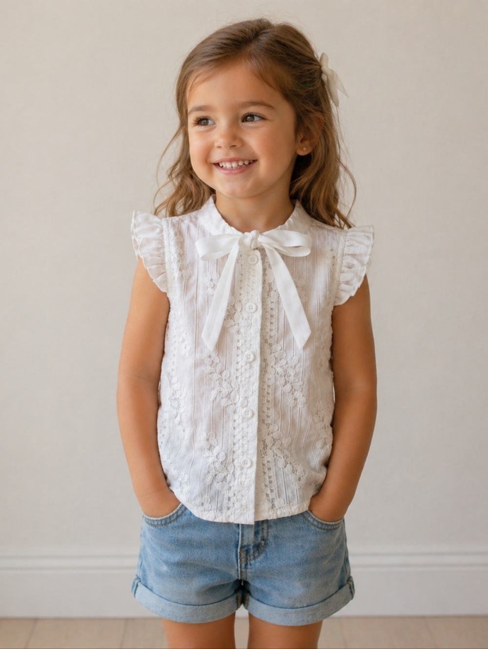 Girls' Humor Bear White Lace Tie-Neck Sleeveless Cotton Top